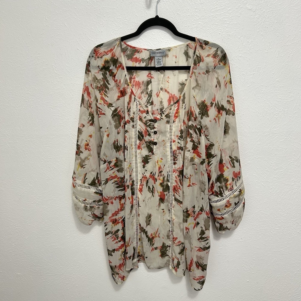 Catherines Beige Pin Tuck Floral Tunic Top Blouse Size 2X Boho Flowy Romantic